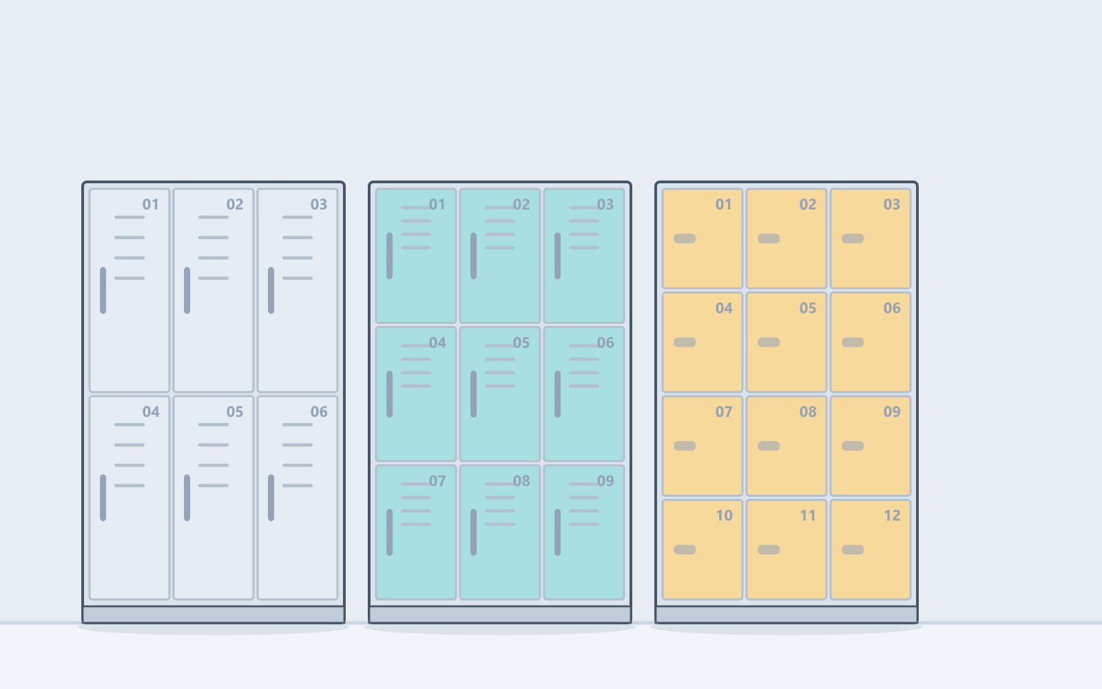 Illustration of three banks of changing room lockers in grey, teal and amber finishes, showing 6-door, 9-door and 12-door compartment layouts