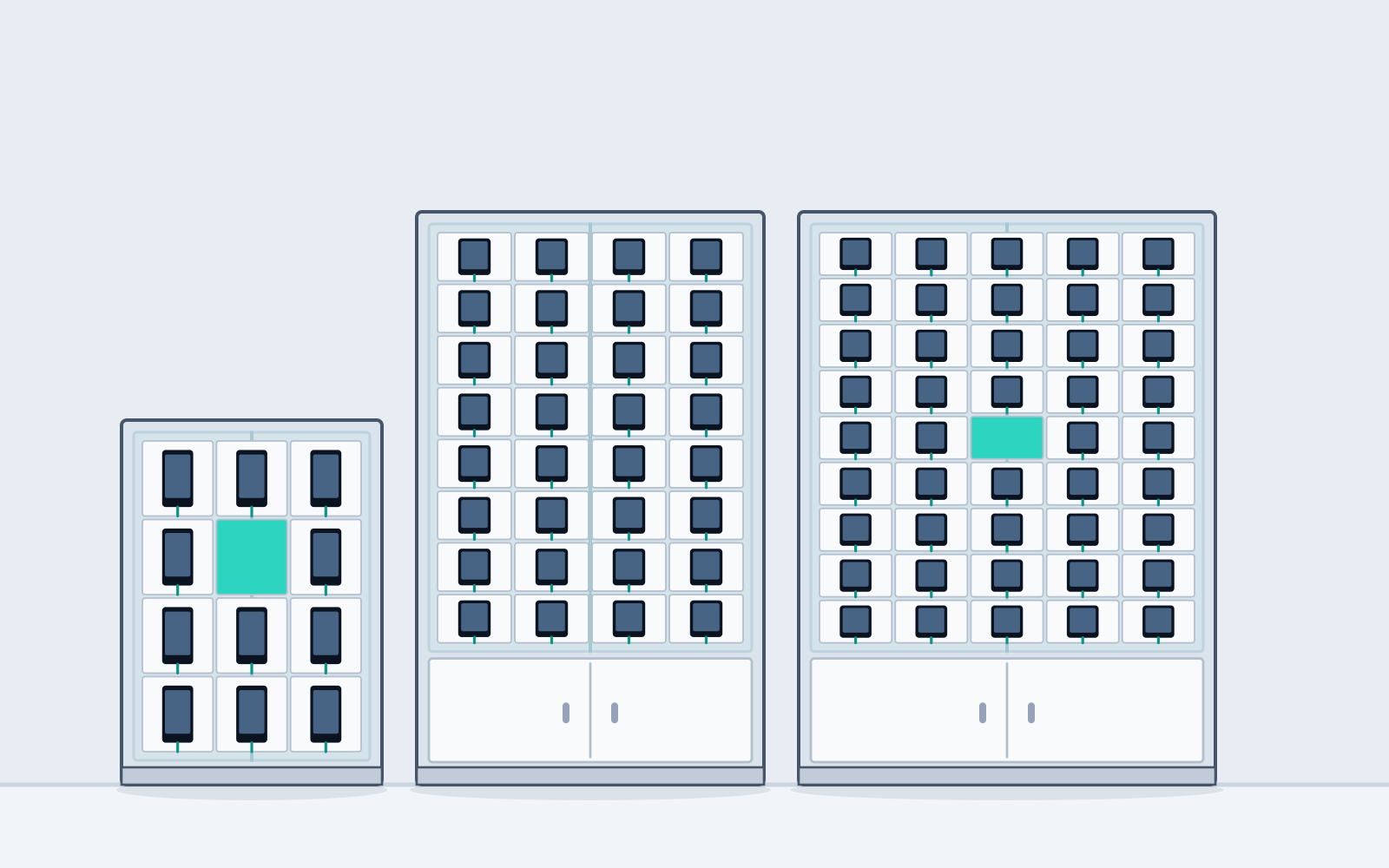 Illustration of a device charging cabinet with glass doors revealing rows of small numbered compartments, each holding a phone on charge