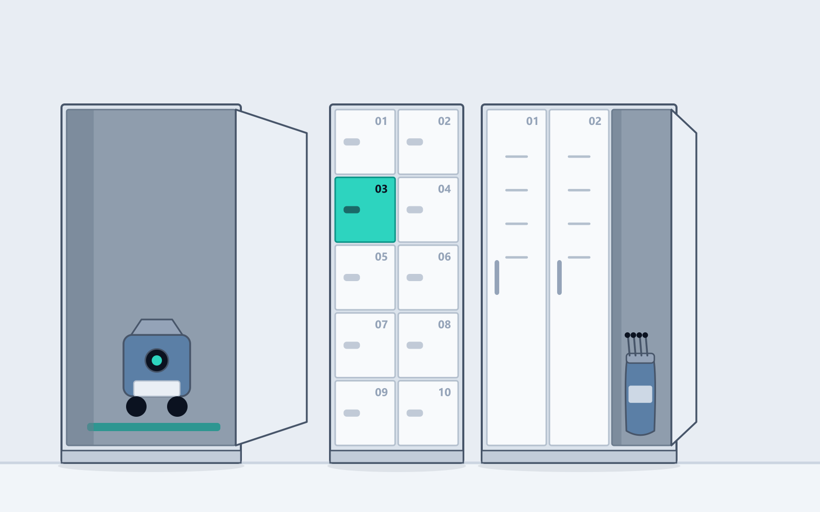 Illustration of a bespoke equipment locker with a tall bay holding wheeled sports equipment on a charging dock, alongside compartments for accessories