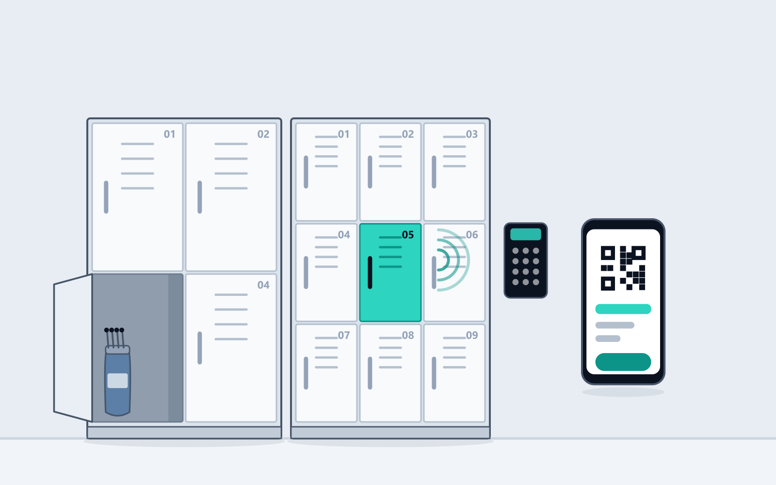 Illustration of a bank of full-height member lockers on connected smart access, one door open, with a phone held to the QR panel on an adjacent door