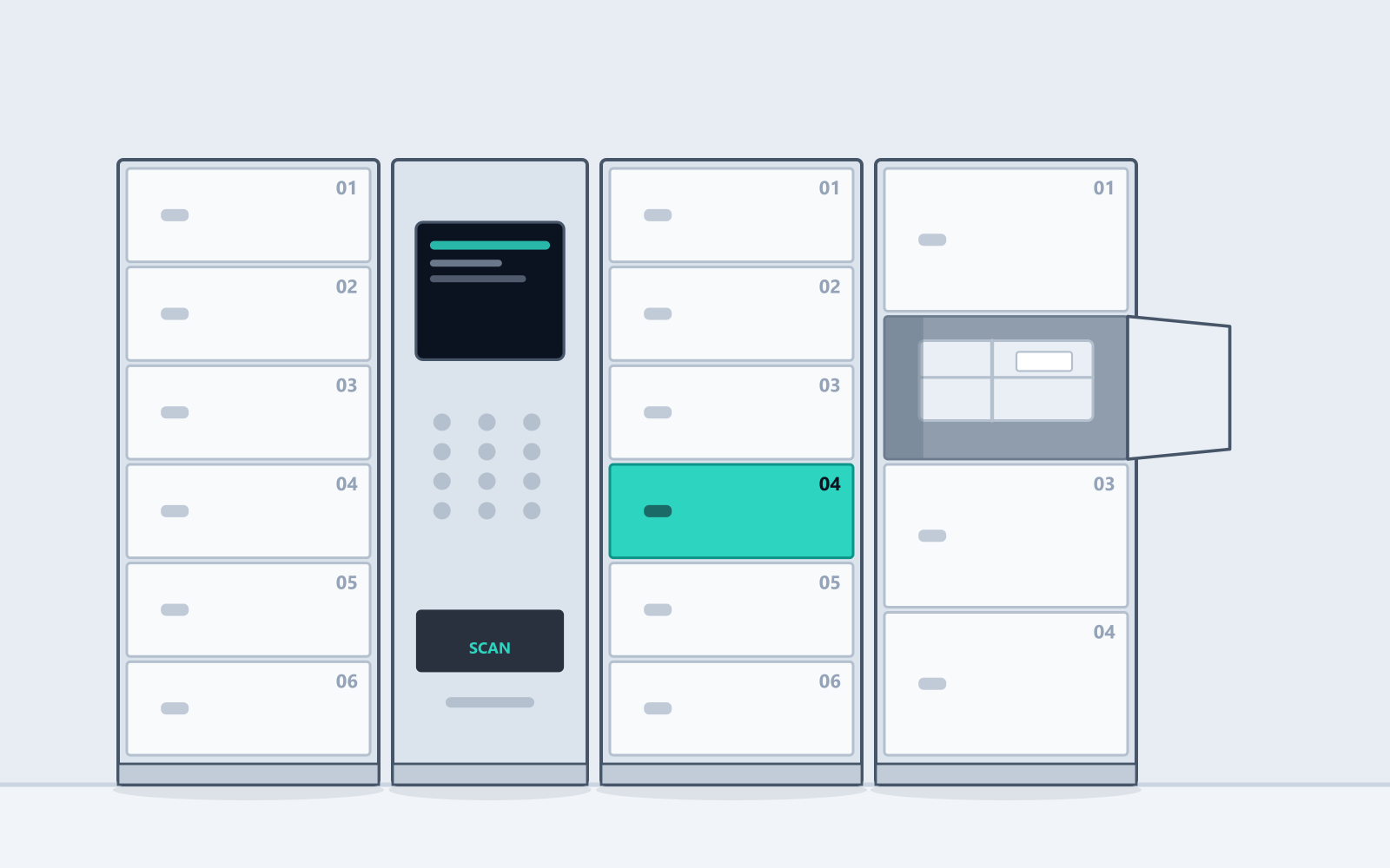 Illustration of a parcel and deposit locker bank with a central control column, touchscreen and keypad, flanked by numbered compartments in mixed sizes