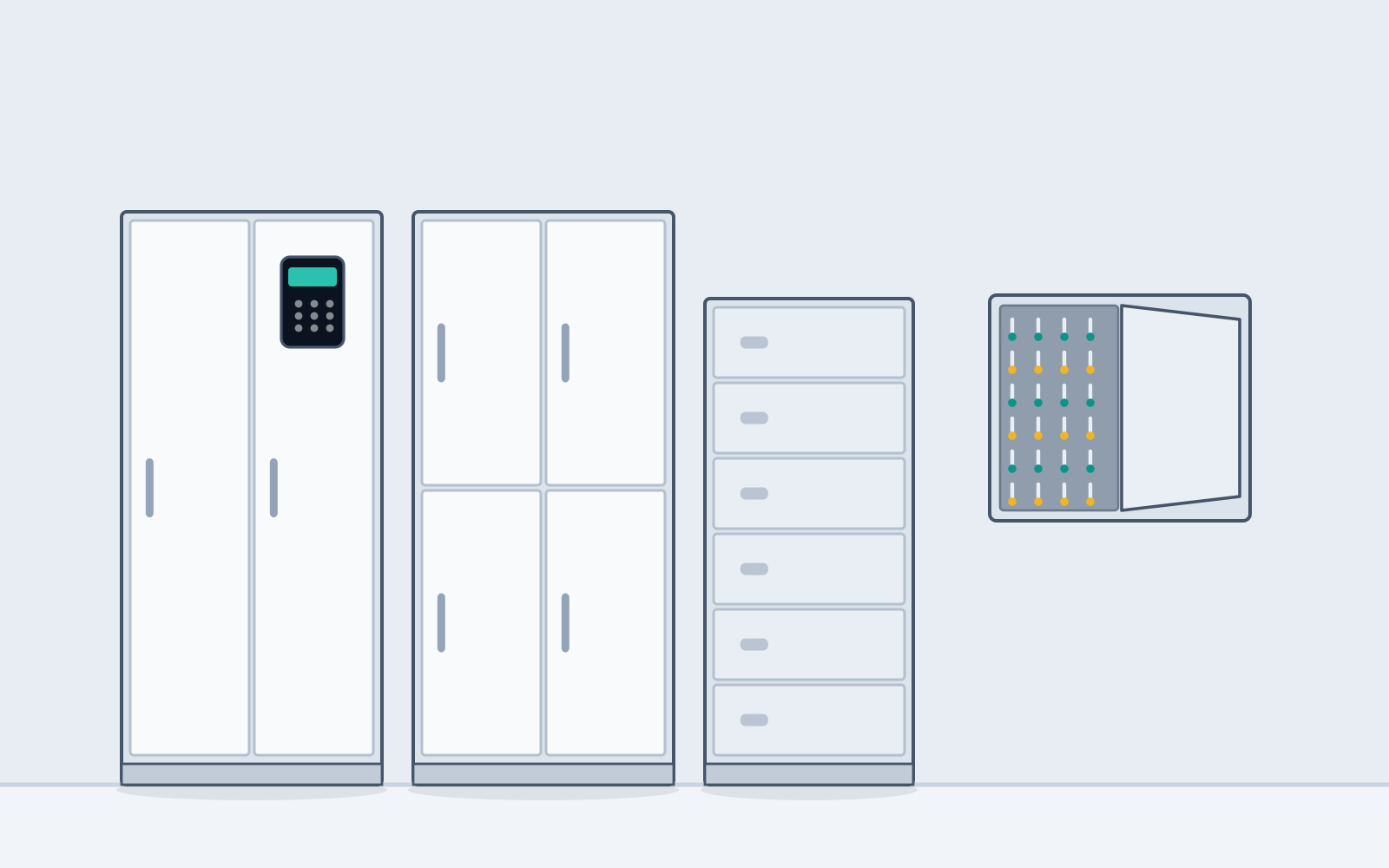 Illustration of secure document cabinets with electronic keypad locks alongside a multi-drawer anti-magnetic media safe and a wall-mounted key cabinet