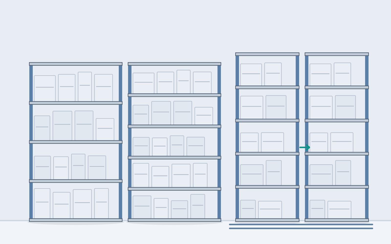 Illustration of a store room fitted with boltless light-duty shelving, heavy-duty racking bays and a run of mobile compact shelving on floor tracks