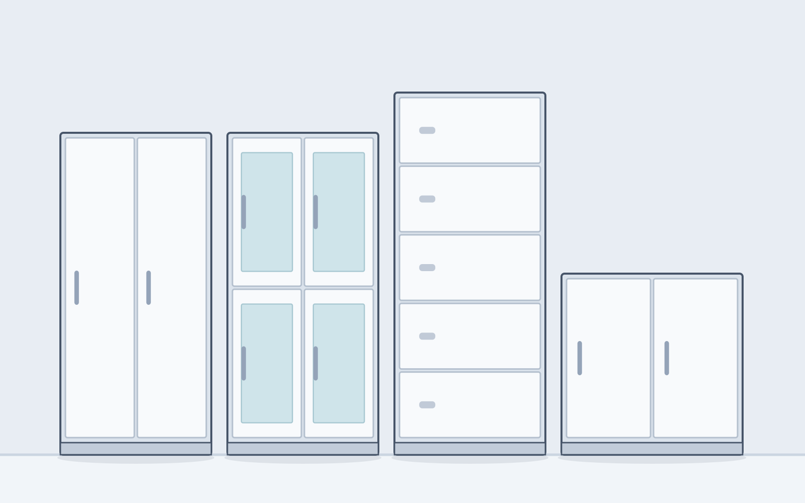 Illustration of a run of steel storage cabinets — a two-door cupboard, a glass-fronted upper cabinet, a five-tier archive unit and a low credenza