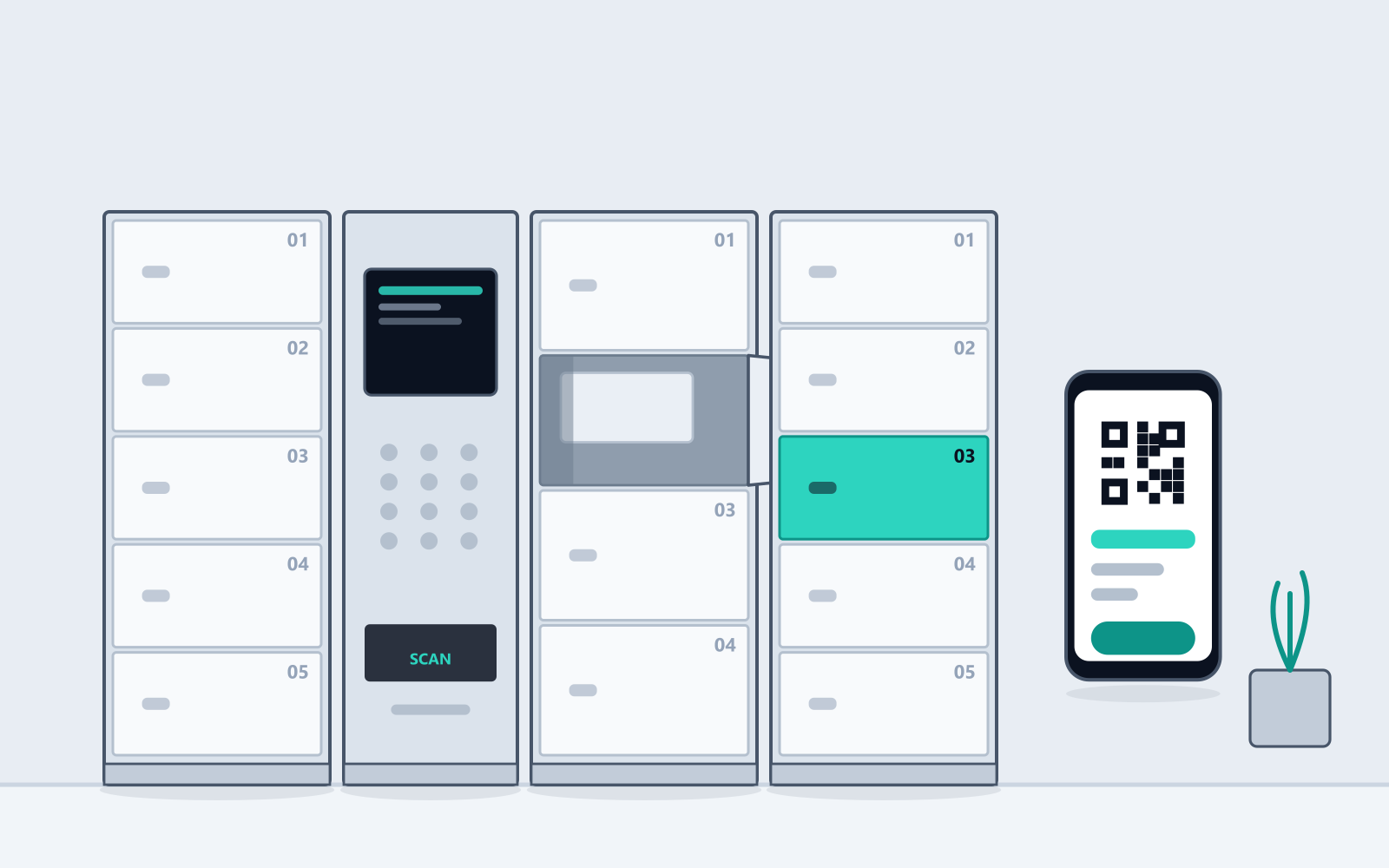 Illustration of a condominium lobby with a parcel locker bank, a resident collecting a delivery using a phone, and gym lockers visible beyond