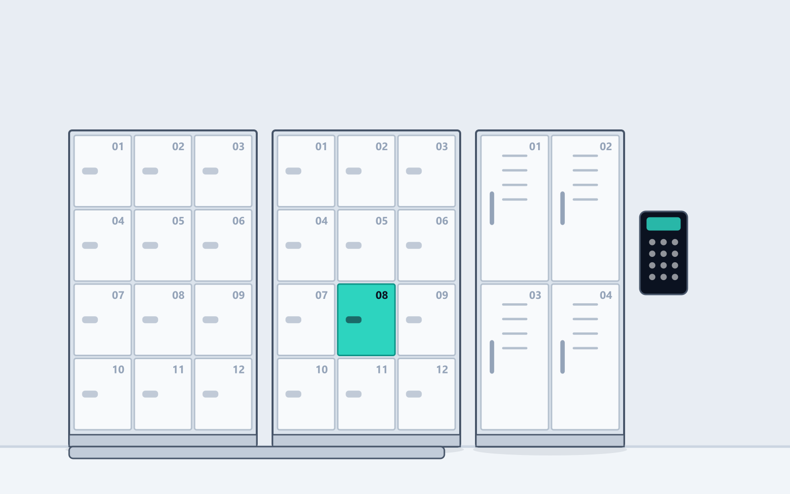 Illustration of a gym changing area with high-density day-use lockers, a member entering a PIN at the bank keypad, and full-height lockers beyond