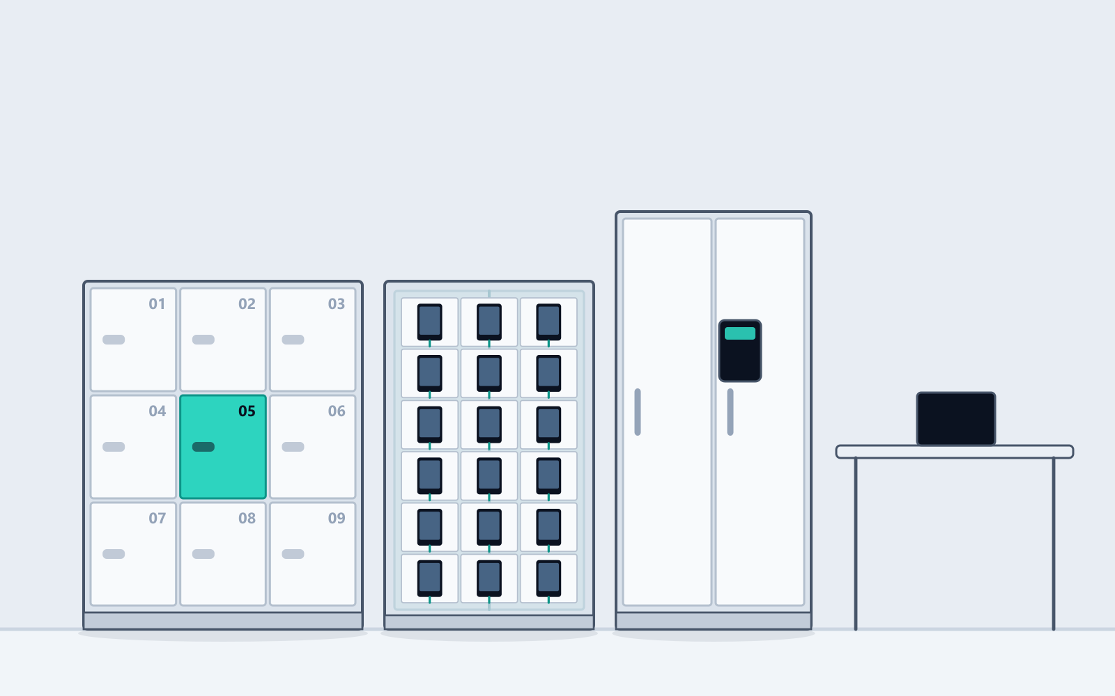 Illustration of an office locker run beside a hot-desk area, with a device charging cabinet and a secure document cabinet with a keypad lock