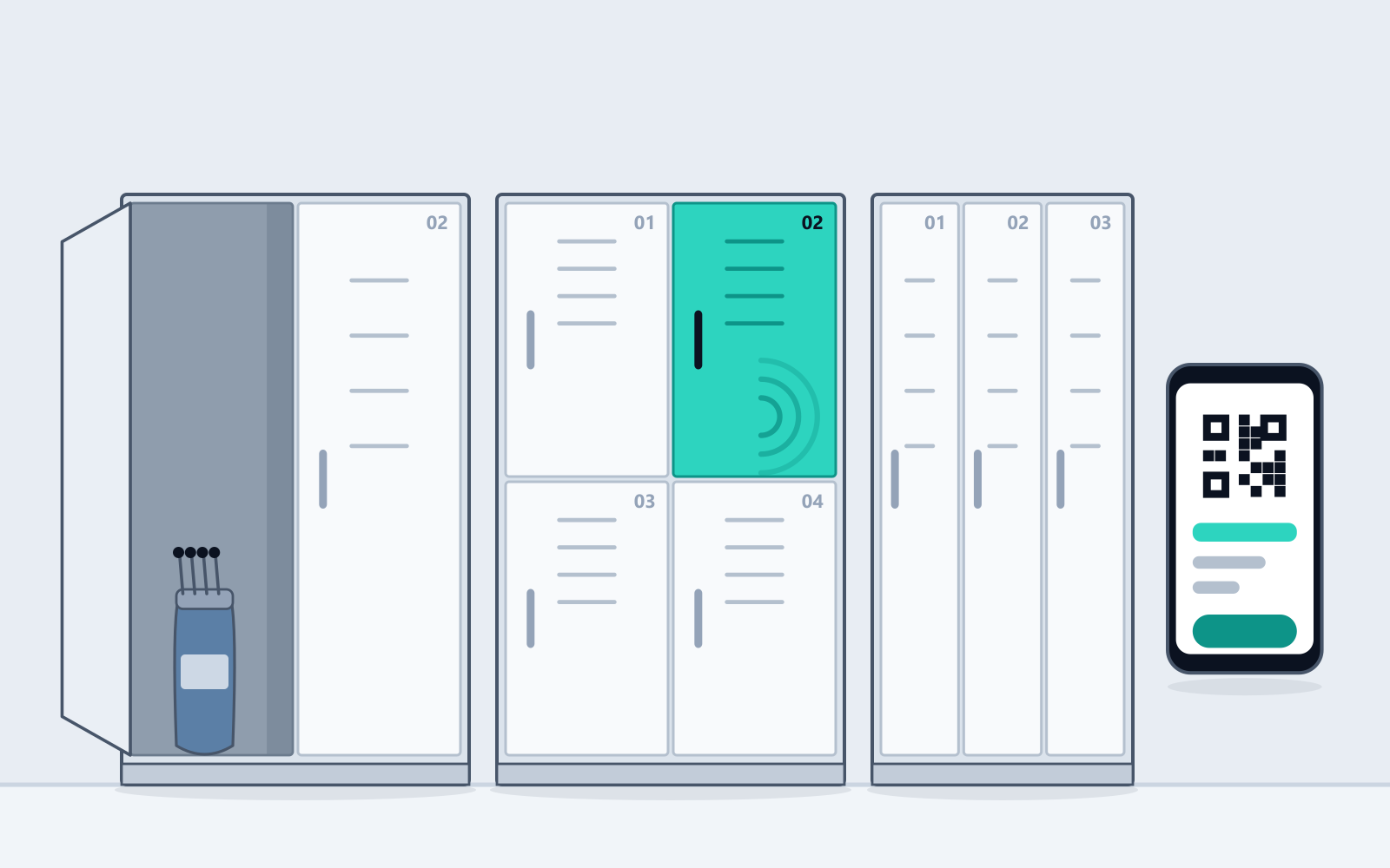 Illustration of a clubhouse locker room with full-height member lockers, a member unlocking one with a phone, and golf bags stored in adjacent bays