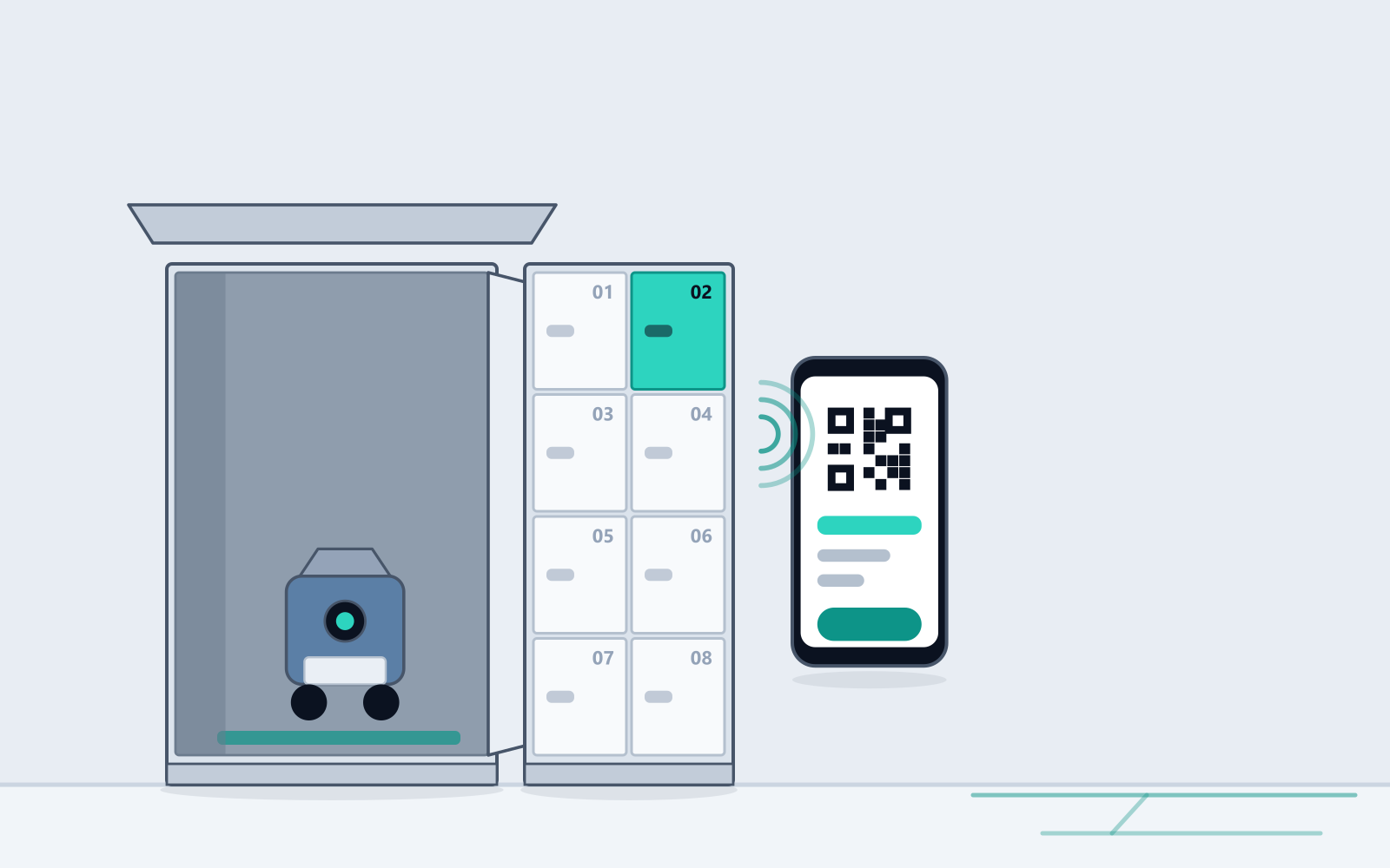 Illustration of a court-side equipment cabinet dispensing wheeled sports equipment, with racket and kit lockers alongside and a player unlocking with a phone
